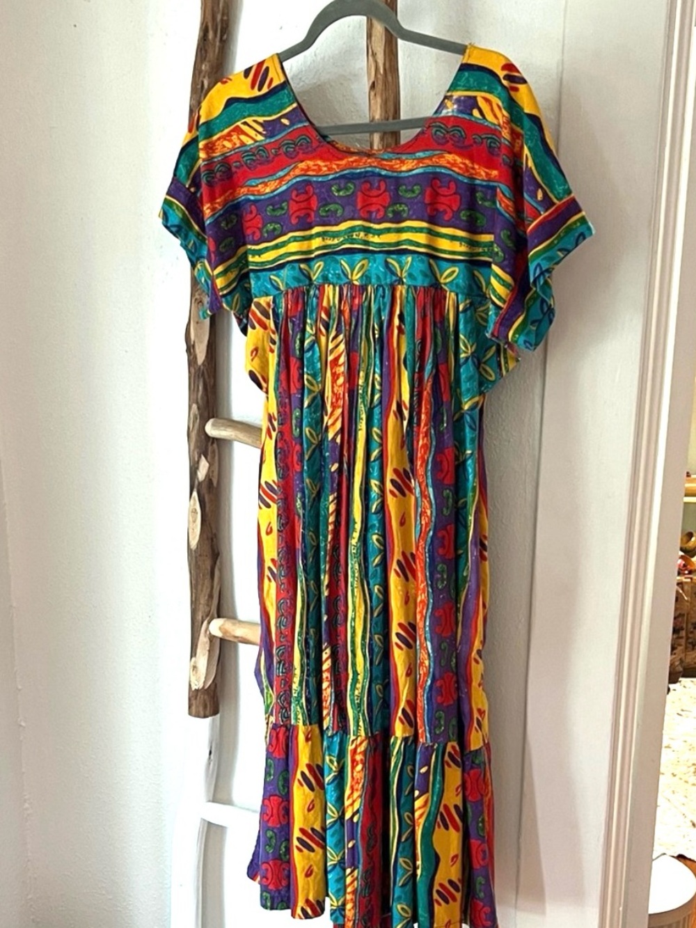 Vintage 80s Colorful Multicolor Print Cotton Midi House Dress M/L
